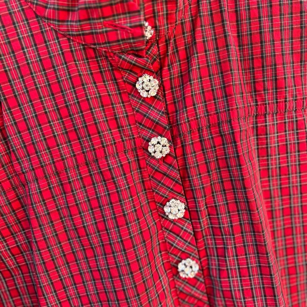J. Crew size 12 Jeweled button popover tunic red checkered plaid preppy holidays